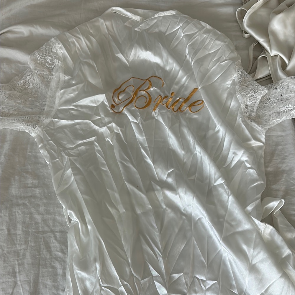 White Satin Bridal Robe with Gold Script